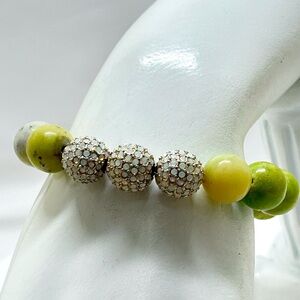 Green, Yellow Polished Chrysoprase Beaded Bracelet With Crystal Beads, Stretch